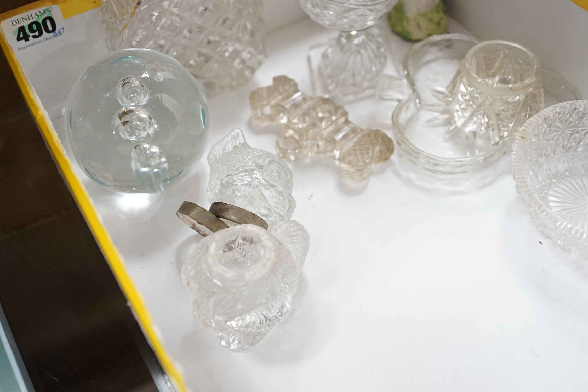 Mixed glass, scent bottles, paperweights, Staffordshire figure etc. (17 items)
